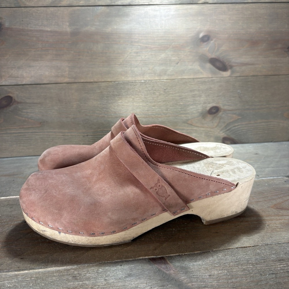 Sandgrens tokyo Womens size 41 shoes Pink Suede Owl Logo Swedish Wooden clogs